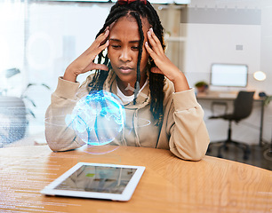 Image showing Tablet, thinking and woman with globe hologram for virtual elearning, globalization or future learning innovation. Knowledge development, data overlay and black student study global education growth