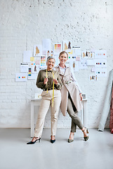 Image showing Fashion, designer and teamwork portrait of women in workshop for creative partnership. Collaboration, small business and senior female tailors in boutique with vision, mission and success mindset.