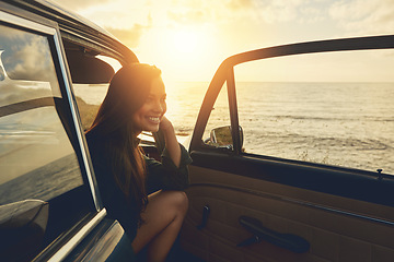 Image showing Relax, thinking and woman on road trip at the beach for summer, freedom and car travel in Spain. Smile, adventure and girl driving on holiday at ocean for happiness, content and peace with transport