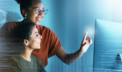 Image showing Manager help employee, hologram and programming with computer, cyber security and cloud computing. Process, woman speaking to consultant and explain systems, code or programmer talks to IT specialist