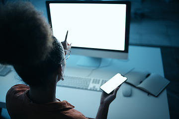 Image showing Space, screen and woman working at night in office, research and idea with mockup. Screen display, smartphone and online copy space by business woman search at night for creative, design and project