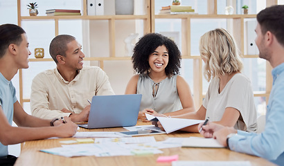 Image showing Business people, meeting and collaboration planning strategy documents, sales research or brainstorming ideas in office. Happy team, corporate employees and discussion together for startup reports