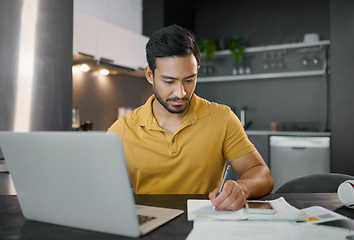 Image showing Laptop, writing and notebook with a freelance man doing remote work from home on research in his small business startup. House, computer and notes with a male entrepreneur working in his house