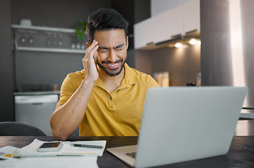 Image showing Man with headache, laptop for remote work and pain from stress and burnout, frustrated with glitch and overworked. Health, tired and job fatigue, working from home with 404 on pc and wifi problem