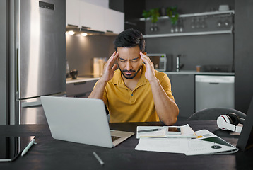 Image showing Businessman, home office and headache by laptop in kitchen for seo data analysis, small business or goal. Digital entrepreneur, copywriting business owner and stress with anxiety for planning vision