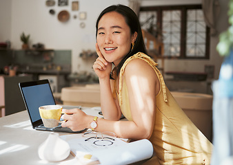 Image showing Asian woman, laptop and portrait for business happiness with coffee in ceramics workshop, artist studio or success vision. Woman, creativity office and planning strategy on digital tech in morning