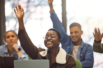 Image showing Black woman learning, class and education with student, question with hand raised and excited for study scholarship. University, studying and lecture, academic growth and college student in classroom