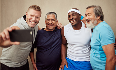 Image showing Happy men, phone selfie and exercise group with motivation of fitness on wall background. Smile, sports and male friends taking photograph together in community workout, wellness support or diversity