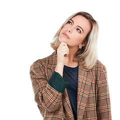 Image showing Thinking, mockup and logo with a woman in studio isolated on a white background for branding. Idea, marketing and advertising with a female posing on blank product placement space to promote a brand