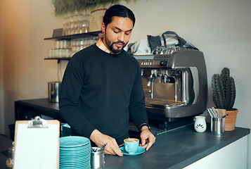 Image showing Barista, coffee and man with espresso in cafe thinking or planning ideas for cafe, warm beverage or business decision. Waiter, working and small business restaurant or with coffee machine in store