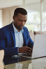 Image showing Laptop research, investment and focus of black man planning wealth, entrepreneur profit and stock market. Corporate, business and rich manager, boss or professional person typing on pc for trading