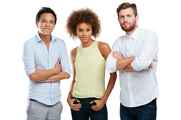 Image showing Business people, portrait or arms crossed on isolated white background in diversity about us, profile picture or ID. Smile, happy or creative men and woman in confidence leadership for global success