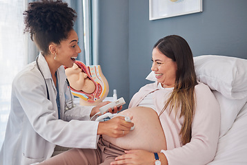 Image showing Ultrasound doctor, woman excited and hospital bed with happiness, support and family planning for future. Black woman medic, pregnant woman and medical tech consulting on stomach for wellness of baby