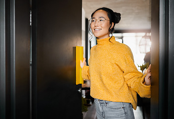 Image showing Thinking, smile and Asian woman opening a door to an office at a graphic design startup company. Vision, happy and Japanese designer at the entrance of a workspace with an idea and motivation