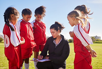 Image showing Planning, sports and coach with children for soccer strategy, training and team goals in England. Plan, teamwork and woman coaching a group of girls on football for a game, match or competition