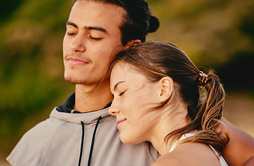 Image showing Couple, smile and hug embracing relationship for real quality bonding time together in the outdoors. Man and woman enjoying calm relaxation in romance, hugging or care in love for fresh air in nature