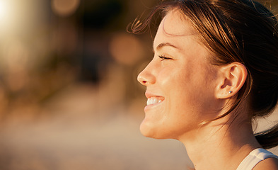 Image showing Happy, calm and face of a woman at the beach to relax, breathe and free the mind in Thailand. Freedom, smile and girl in nature for peace, content and stress relief with blurred mockup space