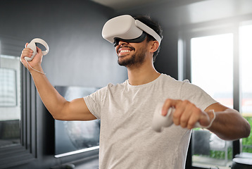 Image showing Man, futuristic or virtual reality glasses for online game, ui digital dashboard or playing. Vr, technology or video experience for fun, relax or software app for internet, gaming controller or hobby