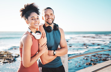 Image showing Portrait, fitness and mock up with a couple by the sea for a workout or running for cardio and endurance together. Exercuse, runner and mockup with a sports man and woman training by the ocean