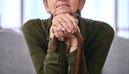 Image showing Senior woman, health and hands on walking stick for disability, support and old age in retirement. Healthcare, thinking and elderly lady with wooden cane for arthritis, osteoporosis and help to walk