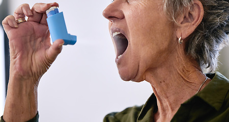 Image showing Asthma, oxygen and senior woman with a pump for breath, medical help and healthcare into mouth. Medicine, spray and elderly person with medication treatment helping to breathe with an inhaler