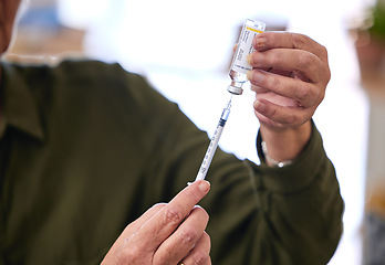 Image showing Healthcare, needle and bottle for medicine, cure and treatment for illness, vaccine and self care. Hands, injection or container with liquid, medical support and diabetes syringe and disease solution