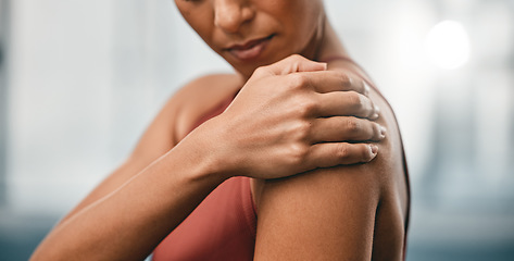 Image showing Closeup, fitness and black woman with shoulder pain, muscle ache and strain after training, workout and inflammation. African American lady, female and athlete with sports accident, torn and bruised