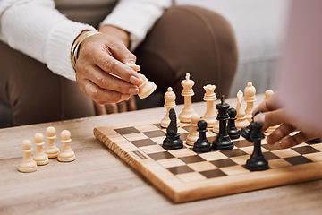 Image showing People, playing hands or chess knight on house, home or living room table in strategy board game, checkmate vision or contest. Zoom, women or competition friends and chessboard pawn in mind challenge