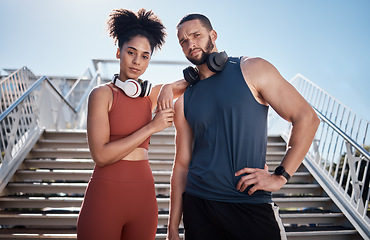 Image showing Black couple, stairs portrait and exercise in city for goals, motivation and urban outdoor workout with music. Couple teamwork, fitness and support for health, wellness and training in Cape Town sun