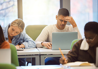 Image showing Laptop, stress and man studying, headache and education for knowledge, test and depression. Mental health, male student and academic with computer glitch, online reading and burnout with study notes