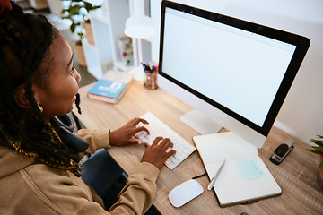 Image showing Computer, mockup screen and black woman typing feedback review of social media, customer experience or website. Digital tech, education and student doing college, university or online school research