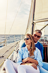 Image showing Retirement, investment and luxury with couple on yacht for summer, relax and wealth on Bali trip. Travel, love and ship with baby boomers man and woman sailing on boat for tropical vacation at sea