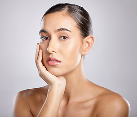 Image showing Woman, skincare and portrait of a beauty model for face collagen and makeup product. Isolated, white background and aesthetic person with skin glow from dermatology, spa and facial in studio