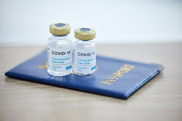 Image showing Covid vaccine vial, passport and travel compliance for medical safety, security and international regulation healthcare. Covid 19 virus, medicine and rules for tourism control during corona pandemic