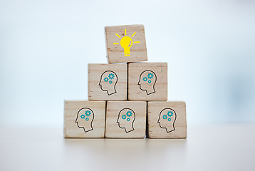 Image showing Building blocks, teamwork or brainstorming lightbulb idea on isolated background, mock up or office desk mockup. Zoom, wood or cube in cog head innovation for company thinking or unity growth success