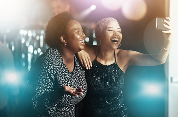 Image showing Women, laughing or phone selfie on party dance floor in nightclub event, bokeh disco or birthday celebration. Smile, happy or bonding friends on mobile photography for social media or profile picture