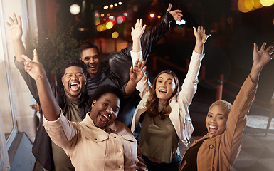 Image showing Happy people, diversity or hands up portrait in city for dance party, nightclub event or birthday celebration. Smile, friends or bonding men and excited women in social gathering, concert or festival