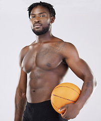 Image showing Sports person, fitness and basketball portrait of black man with orange ball for training exercise. Athlete model with strong muscle to train, workout and start competition for health and wellness