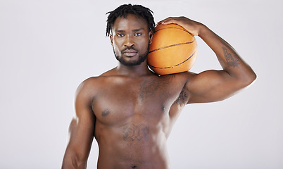 Image showing Basketball player, fitness portrait and body of black man with ball for sports training and exercise. Athlete person with strong muscle to train, workout and start competition for health and wellness