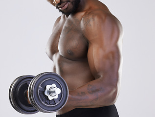 Image showing Black man, strong muscle and dumbbell training for power workout in studio. Body of a sexy bodybuilder person doing fitness exercise with weights for growth, health and wellness with bicep progress