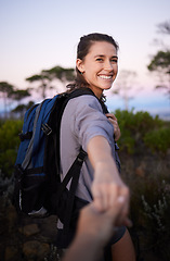 Image showing Hiking, holding hands and portrait of woman on mountain for adventure, freedom and journey in nature. Fitness, dating and happy girl with partner for walking, trekking and travel lifestyle on hike