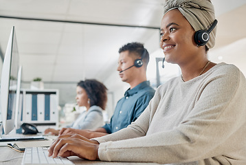 Image showing Black woman, call center consultant and contact us with CRM and happy employee at desk with keyboard and computer. Communication in customer service or telemarketing with tech support and online.