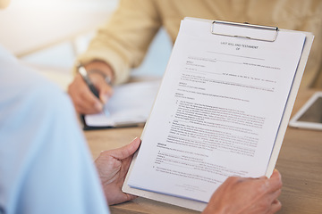 Image showing Contract, last will and testament with life insurance, legal document and clipboard in hands with agreement. Compliance with safety and security in retirement or death, reading and sign paperwork