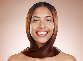 Image showing Woman, smile portrait and hair care wellness, skincare beauty and cosmetics spa dermatology in brown background studio. Happy model, facial care glow and keratin hair shine or healthy hair confidence