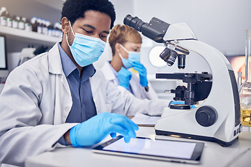 Image showing Science, covid and black man in laboratory with microscope and face mask, search and motivation in vaccine development. Healthcare, scientist man or pharmacist with innovation in lab research.