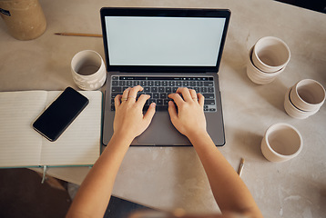 Image showing Mockup screen, pottery and hands on laptop for marketing communication, email and creative small business. Above, media and woman typing on a computer with advertising space at an art workshop