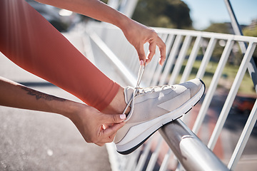 Image showing Start, fitness and shoe of woman in city for training, exercise cardio and workout in Australia. Shoes, motivation and runner tying laces for outdoor sports running for health and body performance