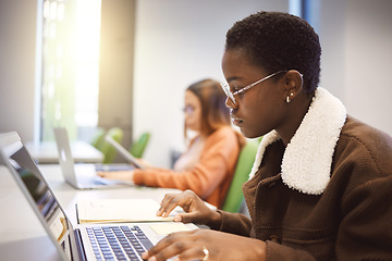 Image showing Education, black woman and laptop for studying, knowledge and learning in classroom. African American female, student and academic with online research, study notes or prepare for exam, test or focus