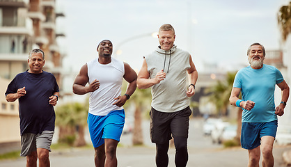 Image showing Fitness, running and teamwork with senior friends in city for stamina, cardio or endurance training. Sport, jogging and goal with group of men runner sprinting in town for workout, exercise or health