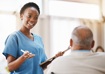 Image showing Consulting, medical and checklist with old man and nurse for retirement, rehabilitation or physical therapy. Help, empathy and healing with patient and black woman in nursing home for healthcare exam